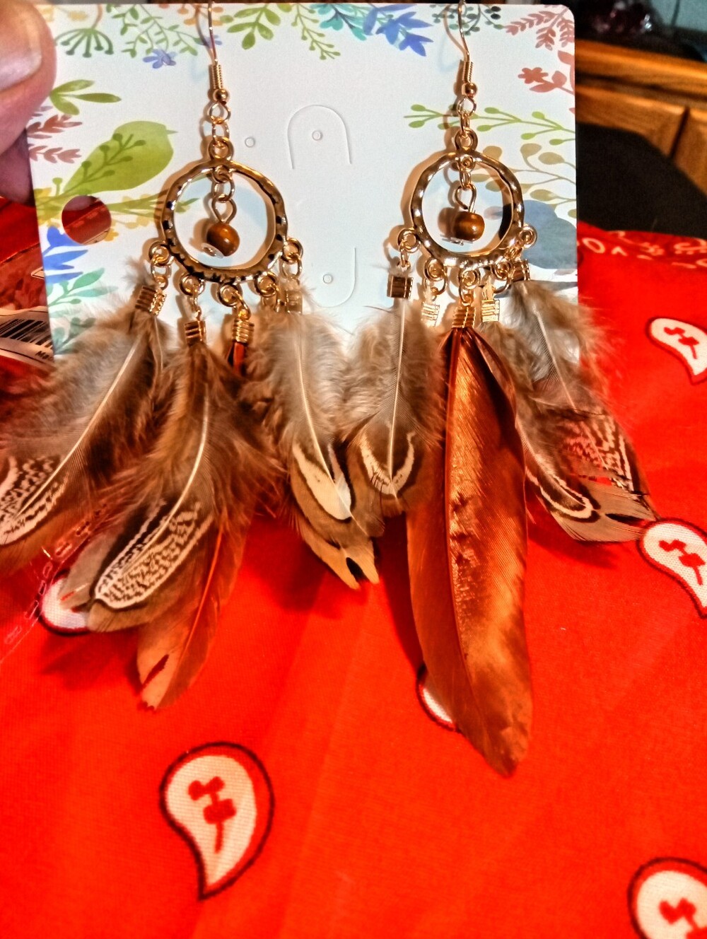 Boho Feather Drop Hoop Earrings - Brown